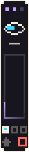 La cápsula de Overlord en su diseño Píxel: una barra vertical oscura que flota en el escritorio, con un ojo pixelado arriba, un recuadro que se va llenando mientras piensa, las casillas de los agentes que trabajan y, abajo, los botones de mejorar y detener.